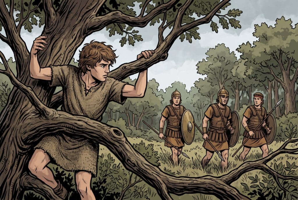 Comic book style illustration depicting a scene from 2 Samuel chapter 18