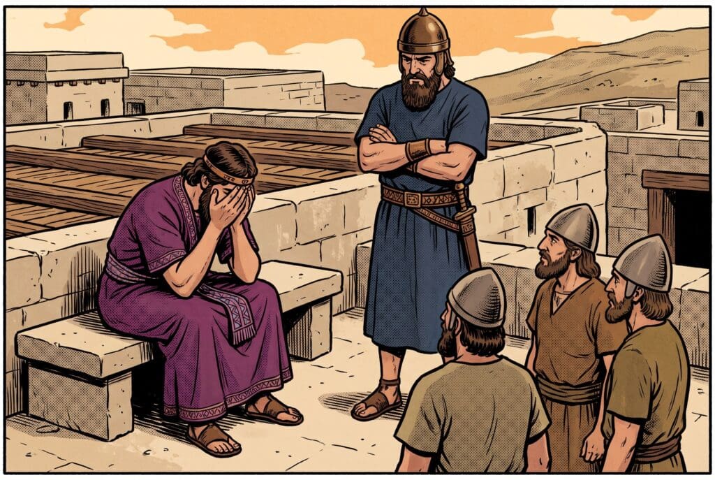 Comic book style illustration depicting a scene from 2 Samuel chapter 19