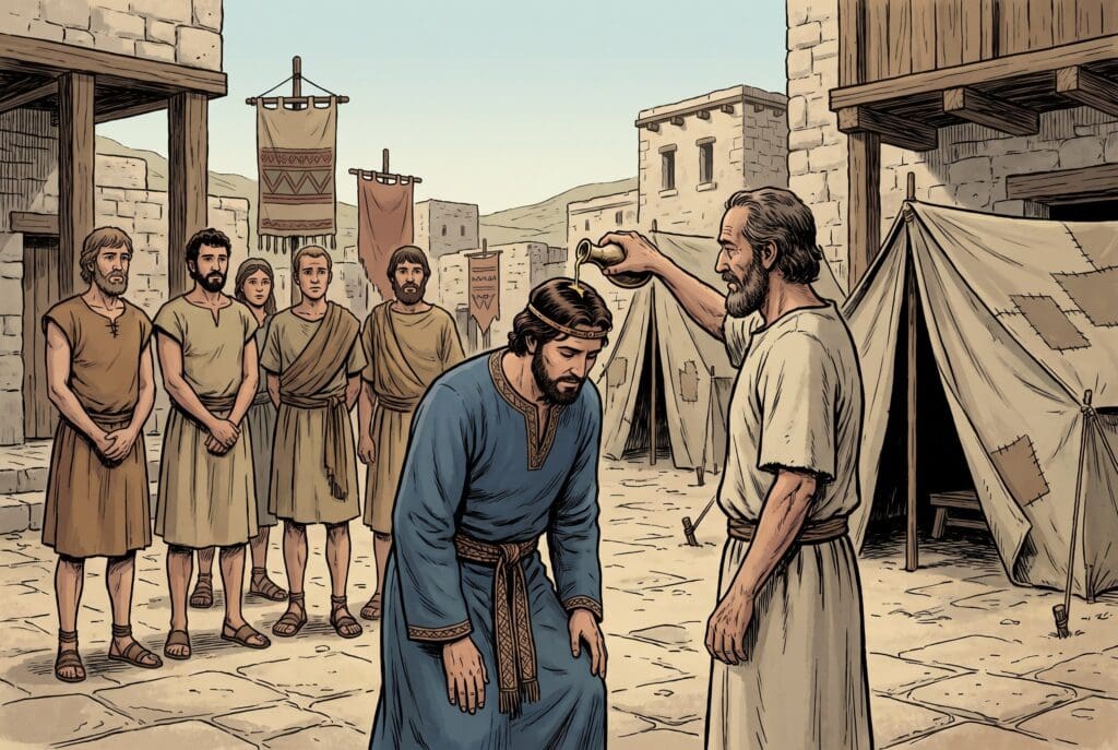 Comic book style illustration depicting a scene from 2 Samuel chapter 2