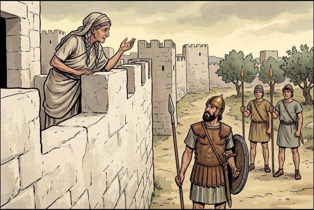 Comic book style illustration depicting a scene from 2 Samuel chapter 20