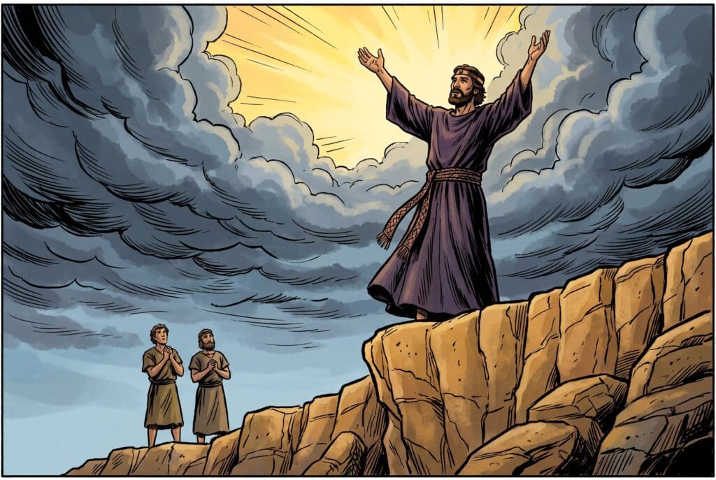 Comic book style illustration depicting a scene from 2 Samuel chapter 22
