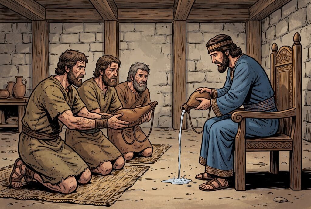 Comic book style illustration depicting a scene from 2 Samuel chapter 23