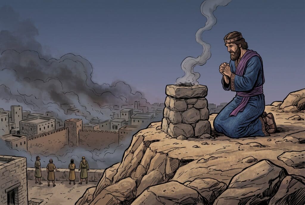 Comic book style illustration depicting a scene from 2 Samuel chapter 24