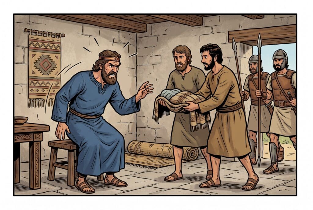 Comic book style illustration depicting a scene from 2 Samuel chapter 4