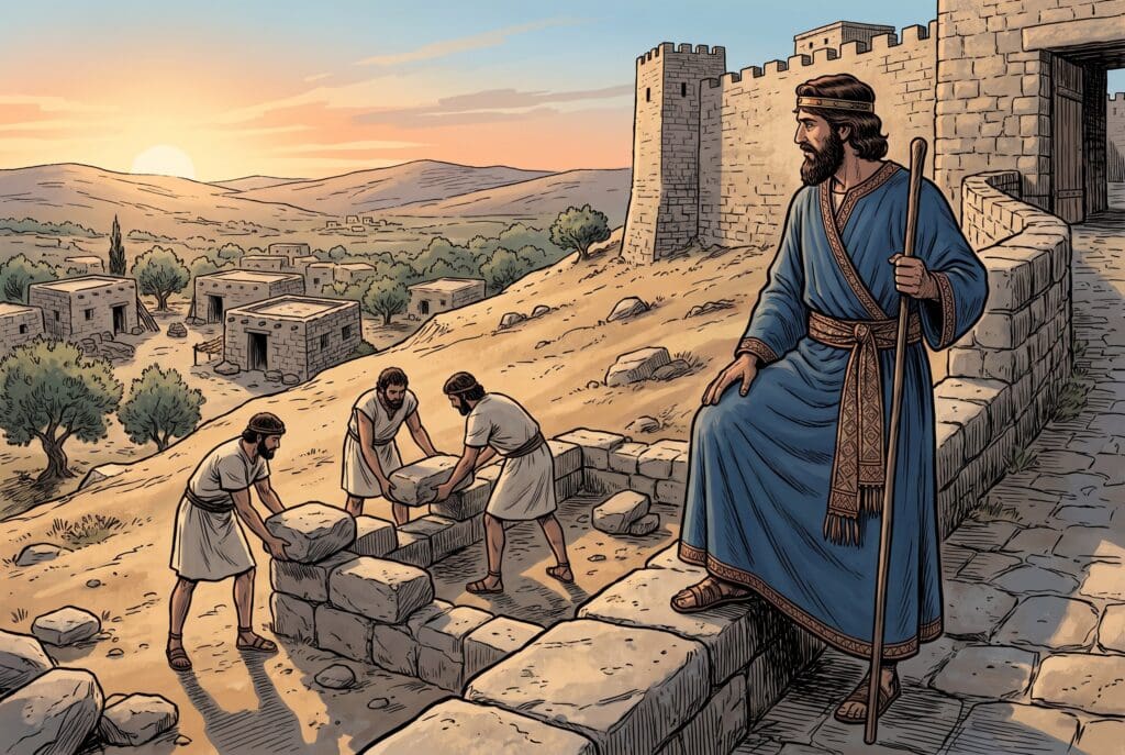 Comic book style illustration depicting a scene from 2 Samuel chapter 5