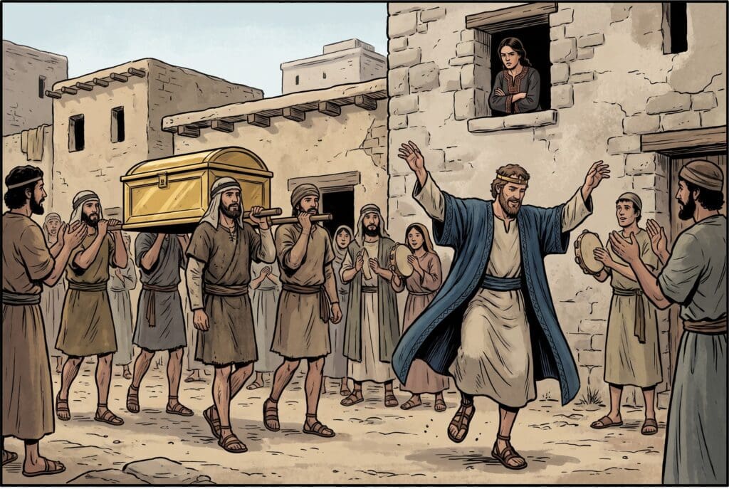 Comic book style illustration depicting a scene from 2 Samuel chapter 6
