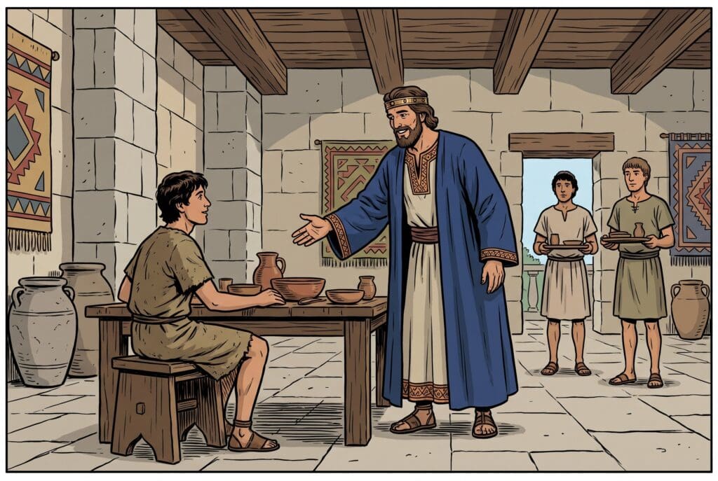 Comic book style illustration depicting a scene from 2 Samuel chapter 9