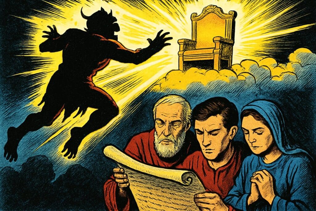 Comic book style illustration depicting a scene from 2 Thessalonians chapter 2
