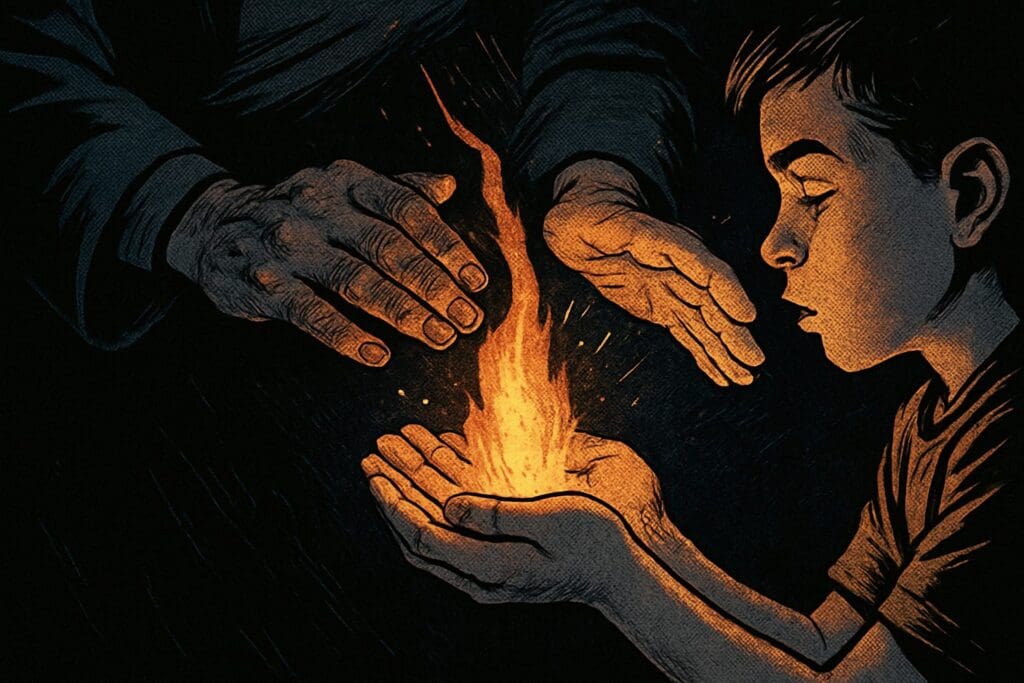 Comic book style illustration depicting a scene from 2 Timothy chapter 1