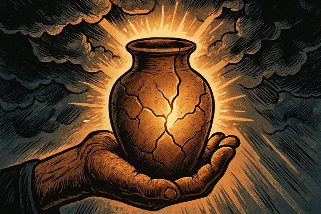 Comic book style illustration of a cracked clay jar glowing with light, symbolizing God's power made perfect in weakness