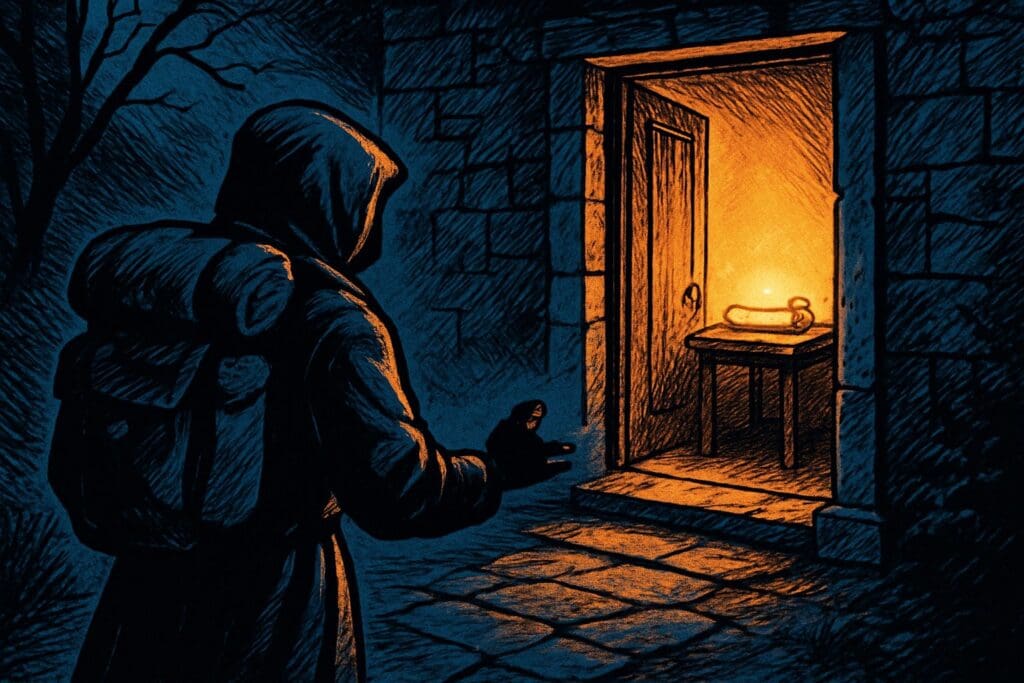 Comic book style illustration of a warm doorway welcoming a traveler while a shadowy false teacher is turned away
