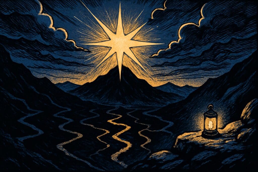 Comic book style illustration of a radiant morning star rising over a mountain landscape, dispelling shadows below