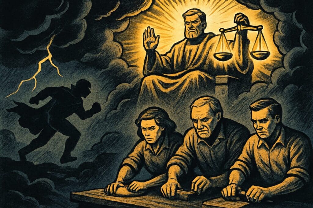 Comic book style illustration of a radiant judge figure with scales of justice and a steadfast working group, representing the book of 2 Thessalonians