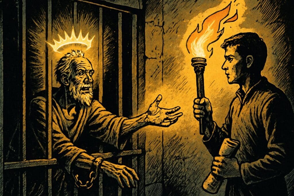 Comic book style illustration of an imprisoned elder passing a torch to a younger figure, representing the book of 2 Timothy