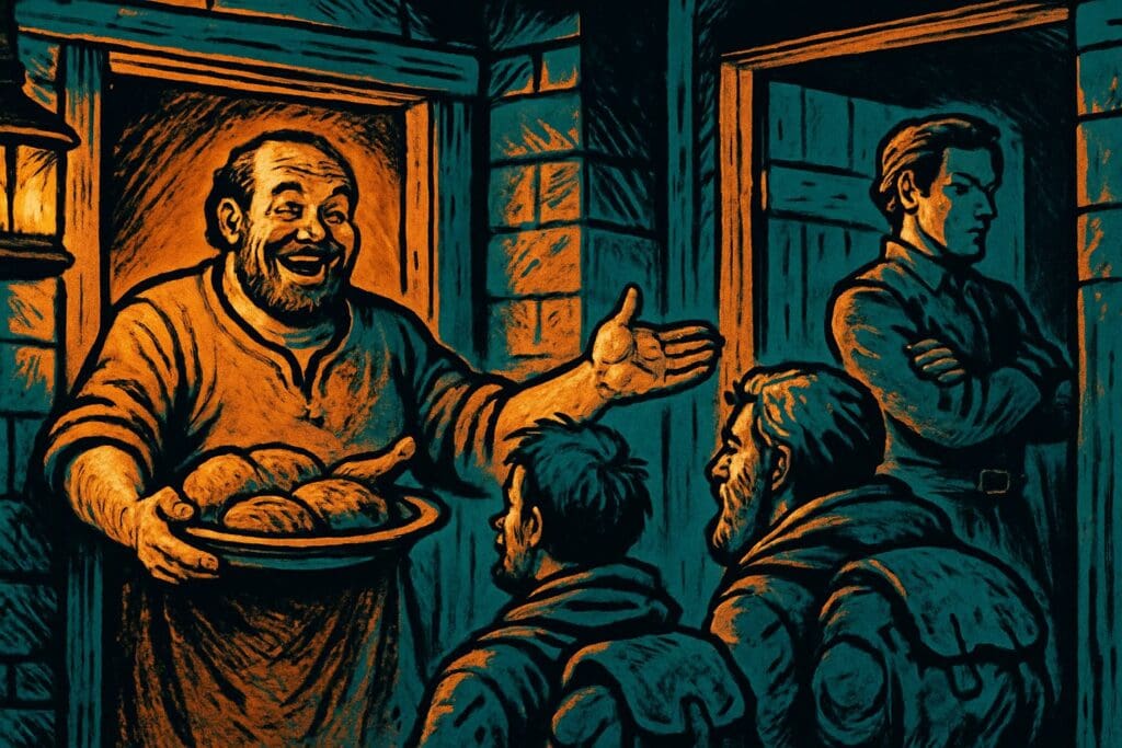 Comic book style illustration contrasting a generous host welcoming travelers with a self-important figure turning others away