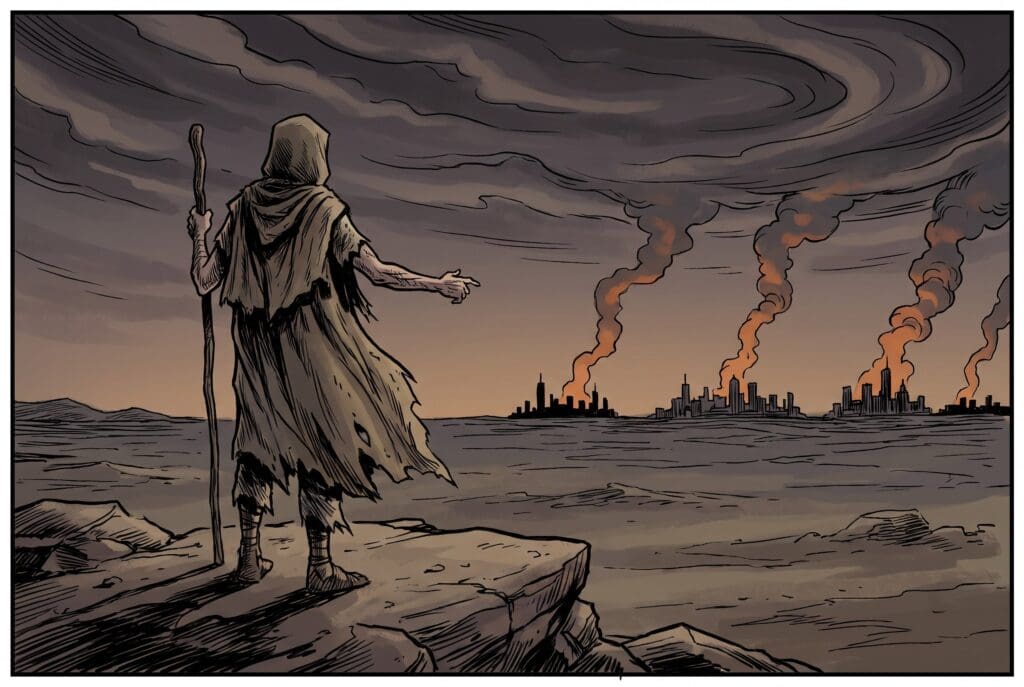 Comic book style illustration depicting a scene from Amos chapter 1