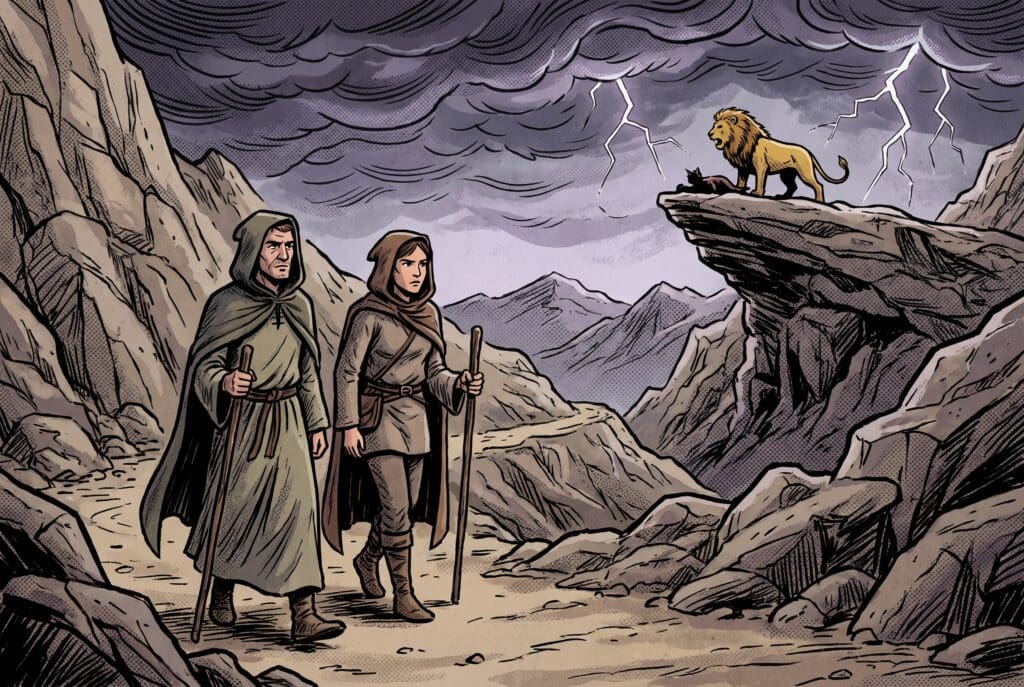 Comic book style illustration depicting a scene from Amos chapter 3