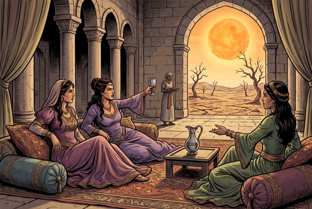 Comic book style illustration depicting a scene from Amos chapter 4