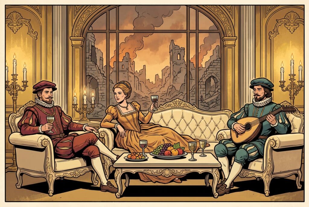 Comic book style illustration depicting a scene from Amos chapter 6