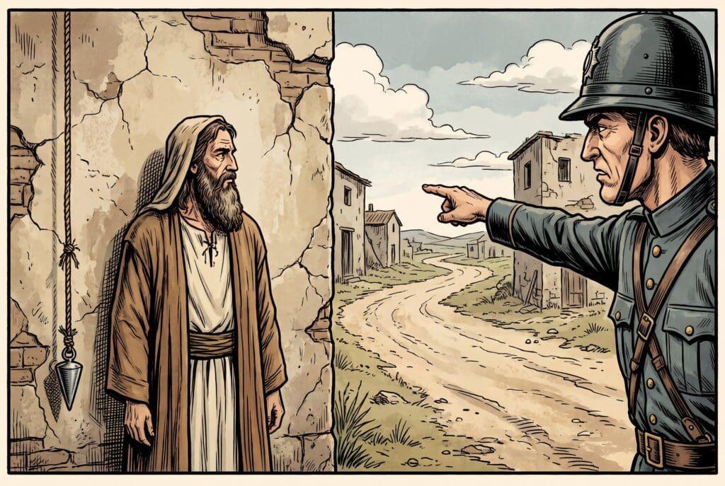 Comic book style illustration depicting a scene from Amos chapter 7
