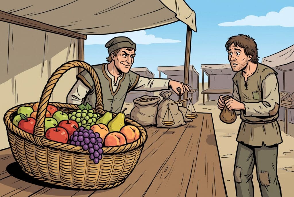 Comic book style illustration depicting a scene from Amos chapter 8