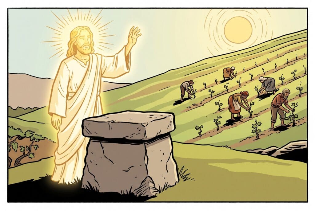 Comic book style illustration depicting a scene from Amos chapter 9