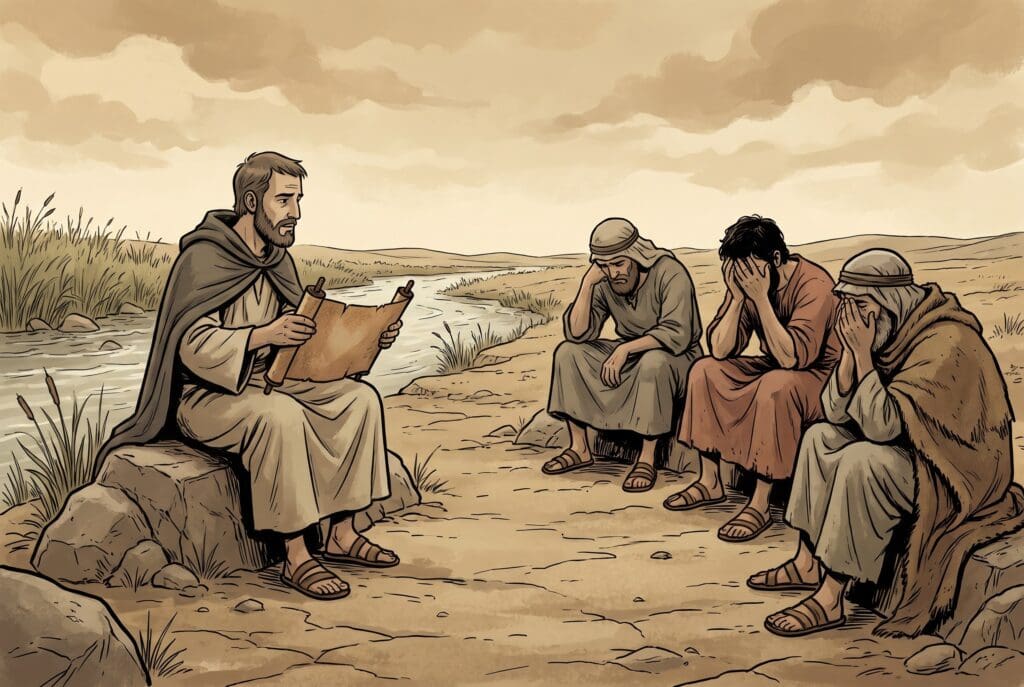Comic book style illustration depicting a scene from Baruch chapter 1