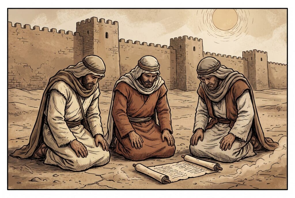 Comic book style illustration depicting a scene from Baruch chapter 2