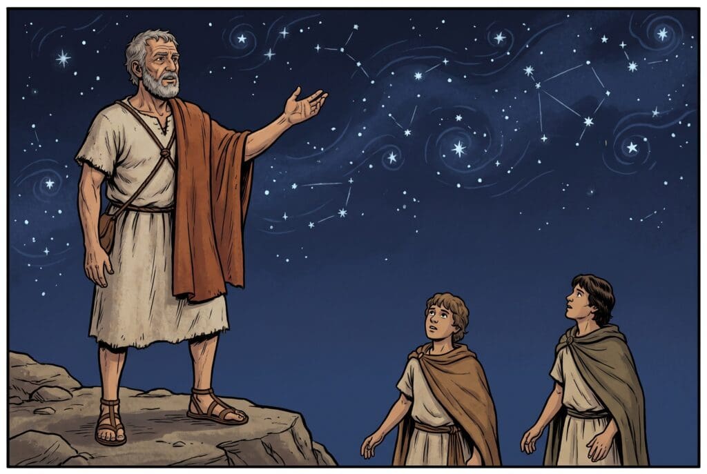 Comic book style illustration depicting a scene from Baruch chapter 3