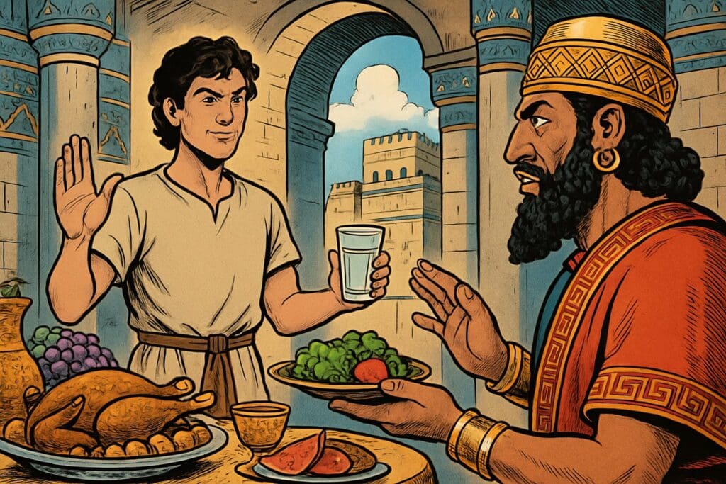 Comic book style illustration depicting a scene from Daniel chapter 1