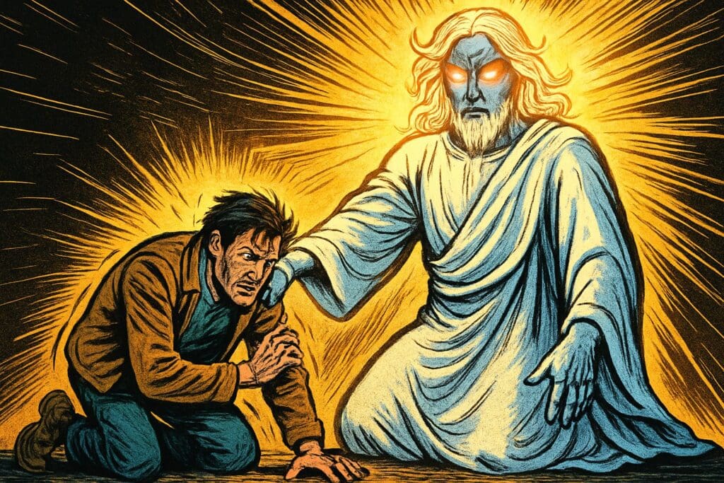Comic book style illustration depicting a scene from Daniel chapter 10