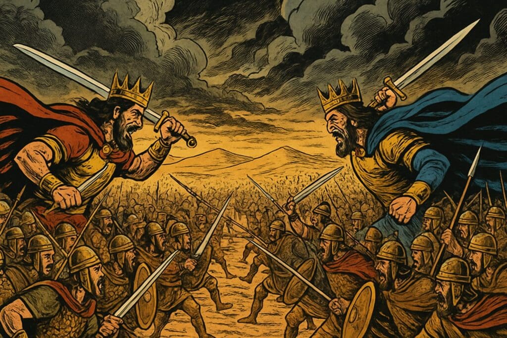 Comic book style illustration depicting a scene from Daniel chapter 11