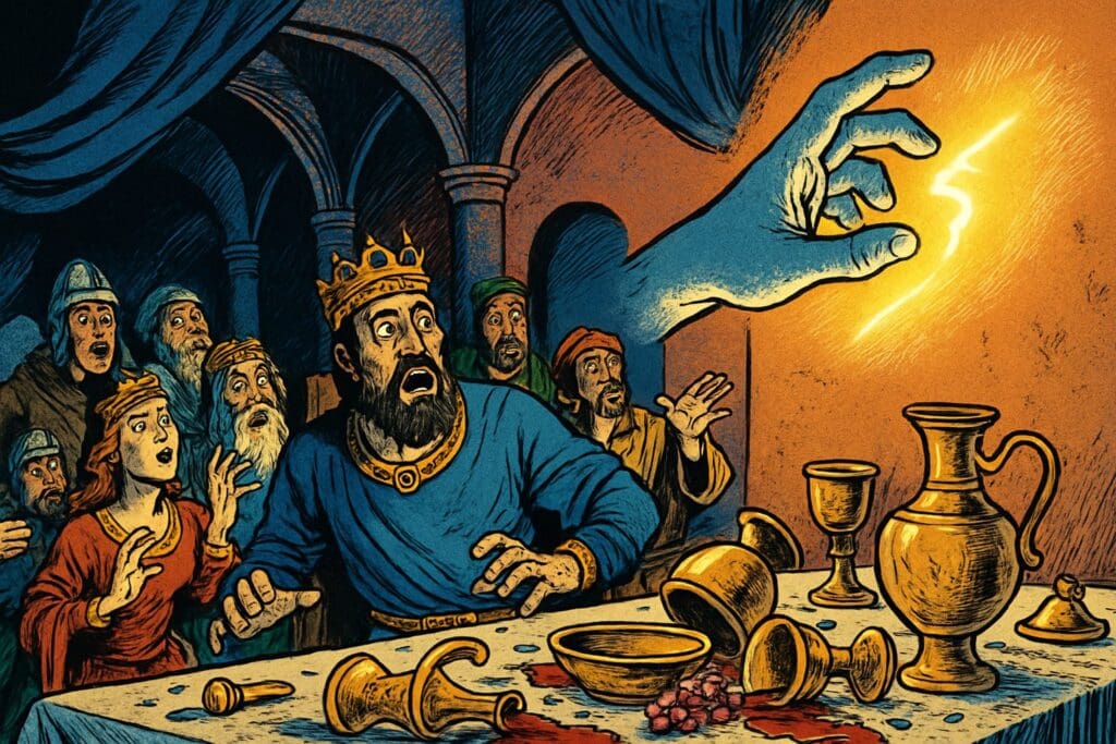 Comic book style illustration depicting a scene from Daniel chapter 5