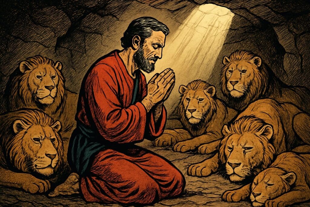 Comic book style illustration depicting a scene from Daniel chapter 6