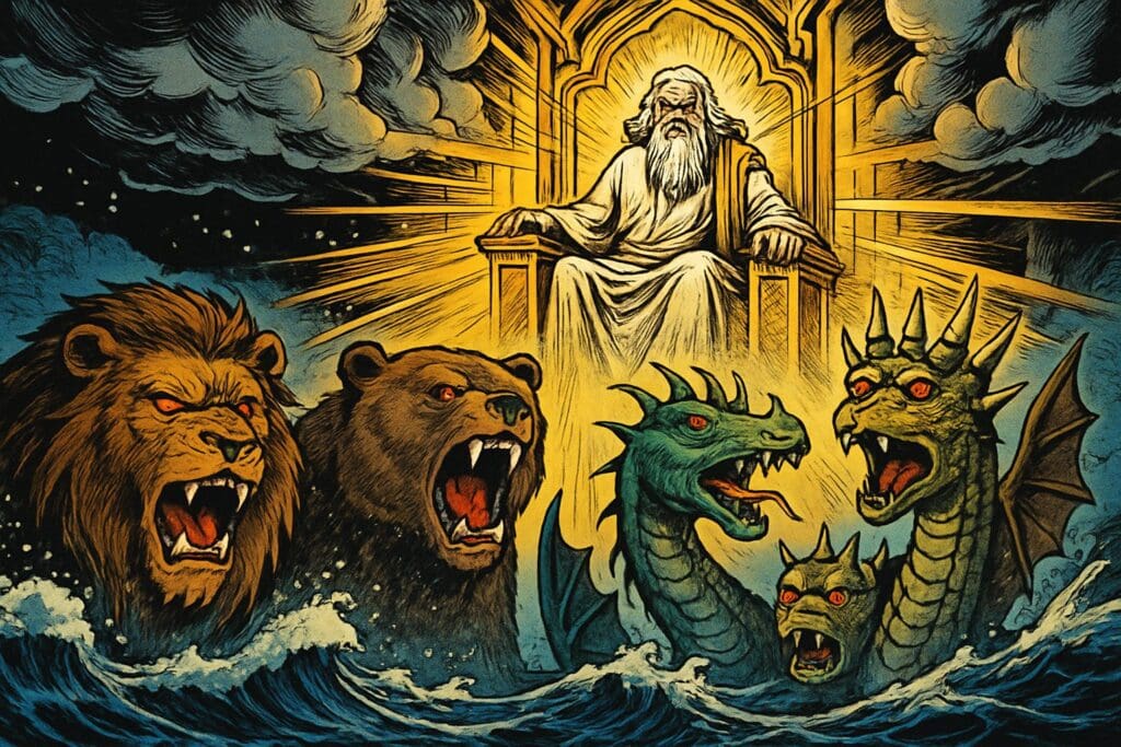 Comic book style illustration depicting a scene from Daniel chapter 7