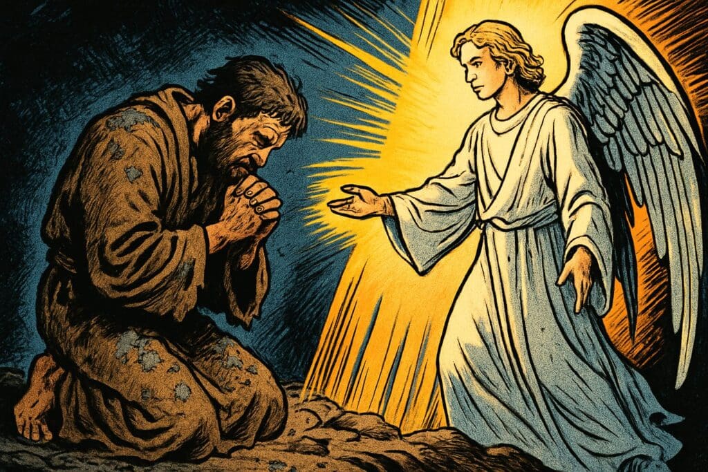 Comic book style illustration depicting a scene from Daniel chapter 9