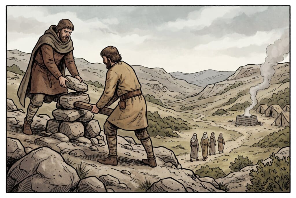 Comic book style illustration depicting a scene from Deuteronomy chapter 12