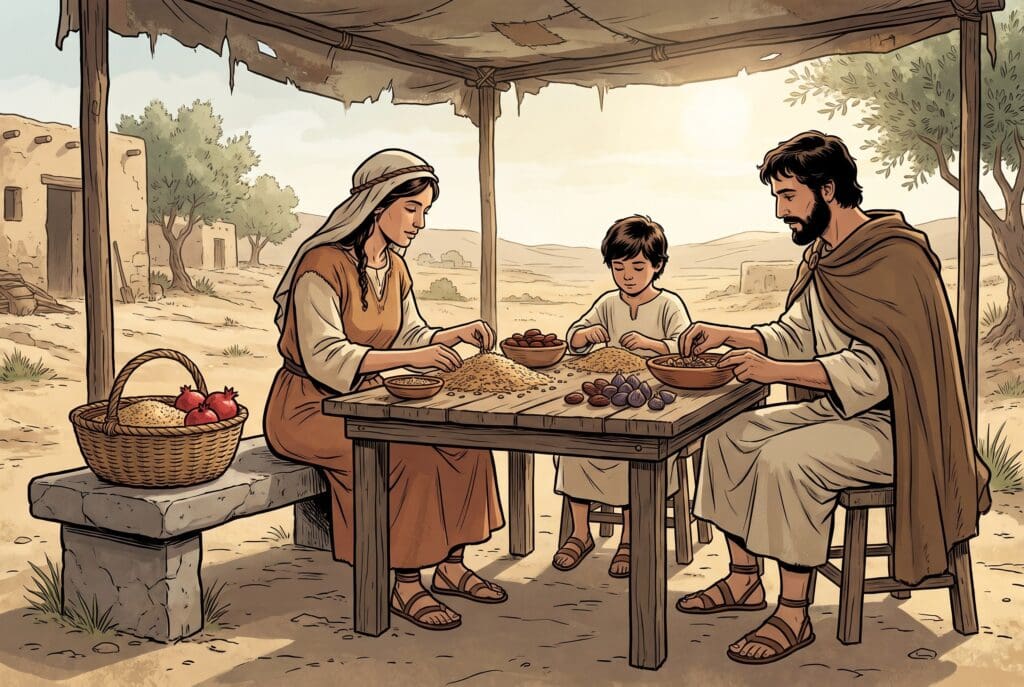 Comic book style illustration depicting a scene from Deuteronomy chapter 14