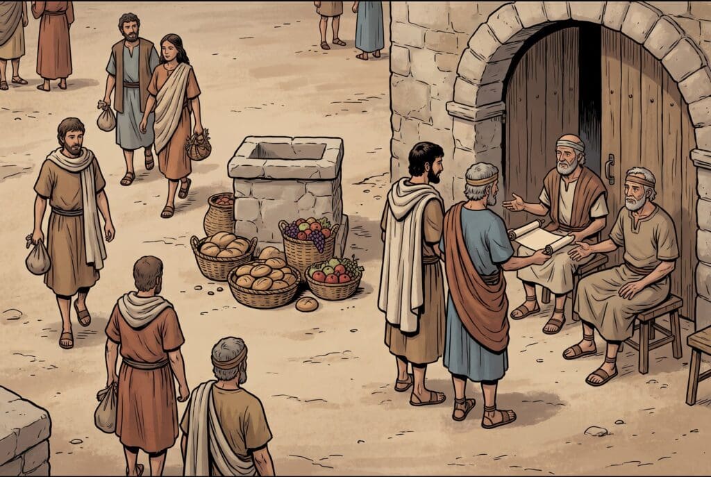 Comic book style illustration depicting a scene from Deuteronomy chapter 16
