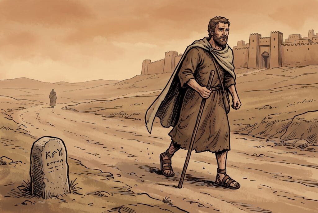Comic book style illustration depicting a scene from Deuteronomy chapter 19