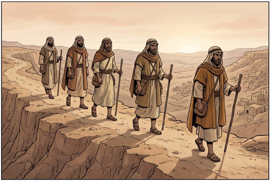 Comic book style illustration depicting a scene from Deuteronomy chapter 2