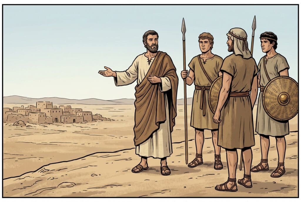 Comic book style illustration depicting a scene from Deuteronomy chapter 20