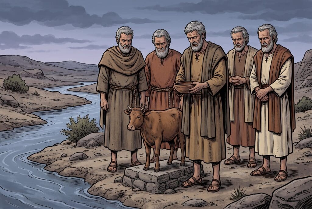 Comic book style illustration depicting a scene from Deuteronomy chapter 21