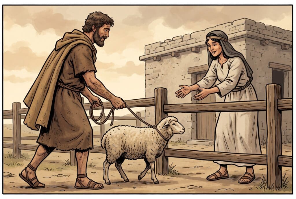 Comic book style illustration depicting a scene from Deuteronomy chapter 22