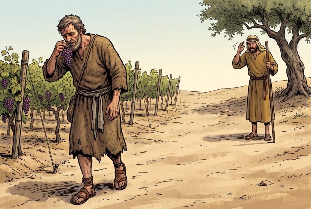Comic book style illustration depicting a scene from Deuteronomy chapter 23