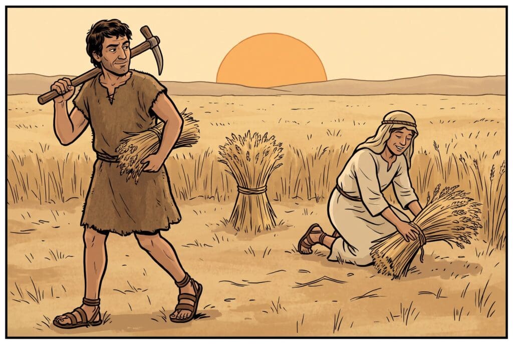 Comic book style illustration depicting a scene from Deuteronomy chapter 24