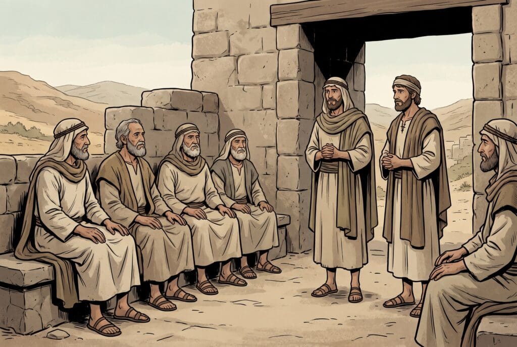 Comic book style illustration depicting a scene from Deuteronomy chapter 25