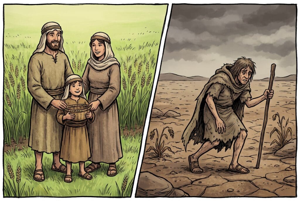 Comic book style illustration depicting a scene from Deuteronomy chapter 28