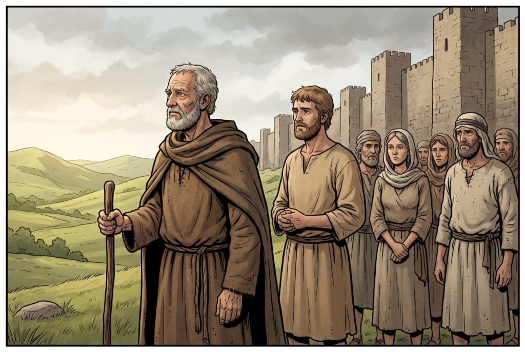 Comic book style illustration depicting a scene from Deuteronomy chapter 3