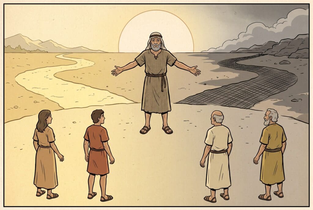 Comic book style illustration depicting a scene from Deuteronomy chapter 30